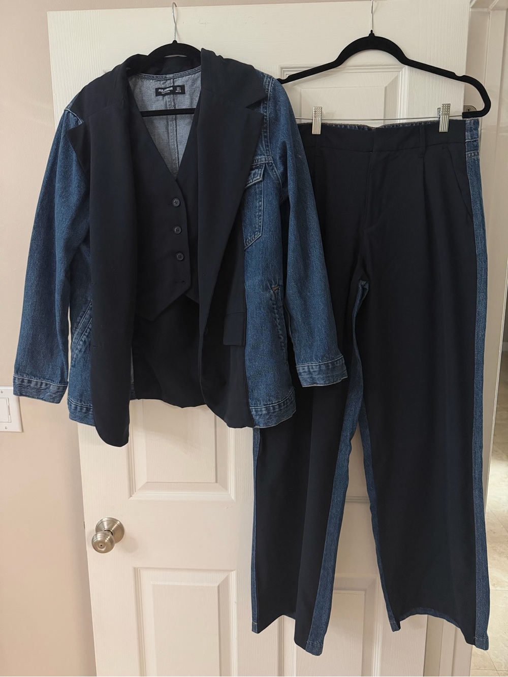 PULL&BEAR 3-Pc Denim Outfit Set Blazer Vest Pants Blue/Black Women M